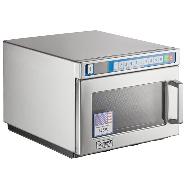 Scratch and Dent Solwave Ameri-Series Space Saver Heavy-Duty Stainless Steel Commercial Microwave with Push Button Controls - 208/240V, 2,100W