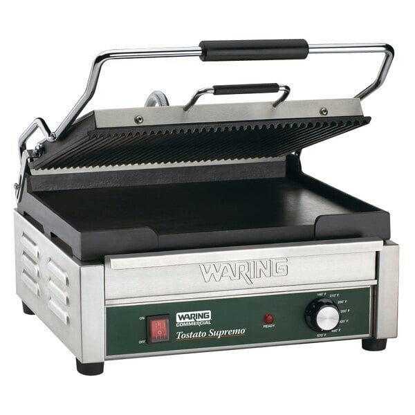 Scratch and Dent Waring WDG250 Grooved Top & Smooth Bottom Panini Sandwich Grill - 14 1/2" x 11" Cooking Surface - 120V, 1800W