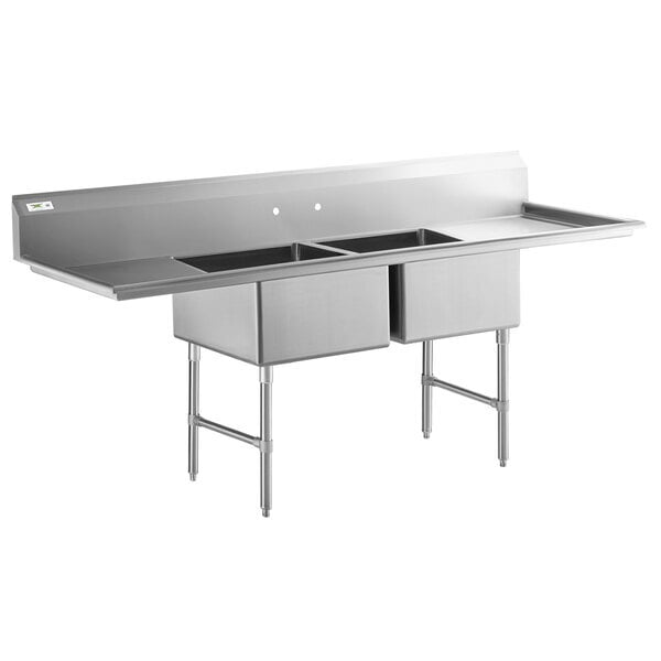Scratch and Dent Regency 96" 16-Gauge Stainless Steel Two Compartment Commercial Sink with Stainless Steel Legs, Cross Bracing, and 2 Drainboards - 23" x 23" x 12" Bowls