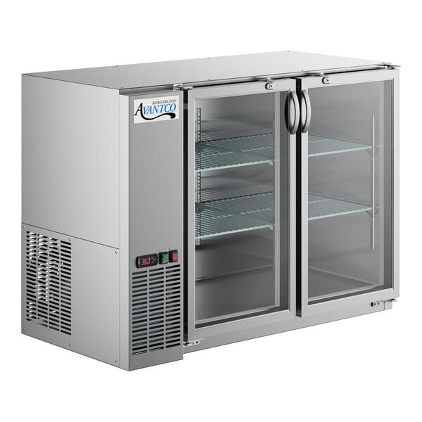 Scratch and Dent Avantco UBB-48-GT-G-S 48" Stainless Steel Underbar Height Narrow Glass Door Back Bar Refrigerator with Galvanized Top and LED Lighting