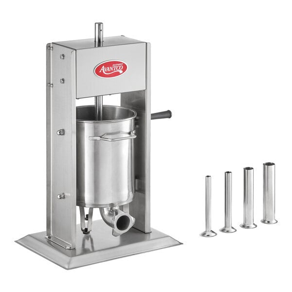 Scratch and Dent Avantco SS-20V 20 lb. Stainless Steel Vertical Manual Sausage Stuffer with 5/8", 7/8", 1 1/4", and 1 1/2" Stainless Steel Funnels