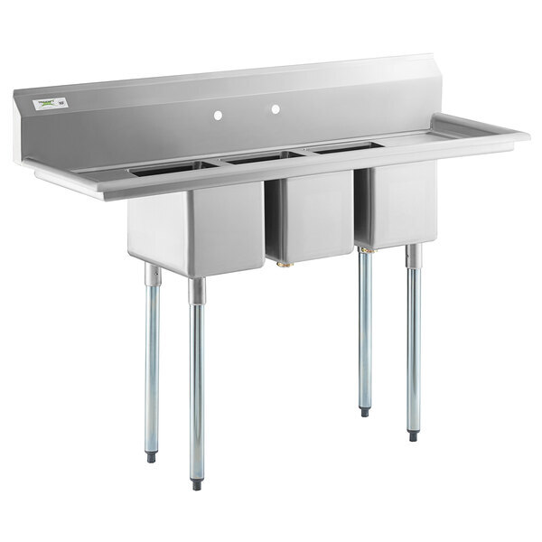 Scratch and Dent Regency 58" 16-Gauge Stainless Steel Three Compartment Commercial Sink with Galvanized Steel Legs and 2 Drainboards - 10" x 14" x 10" Bowls