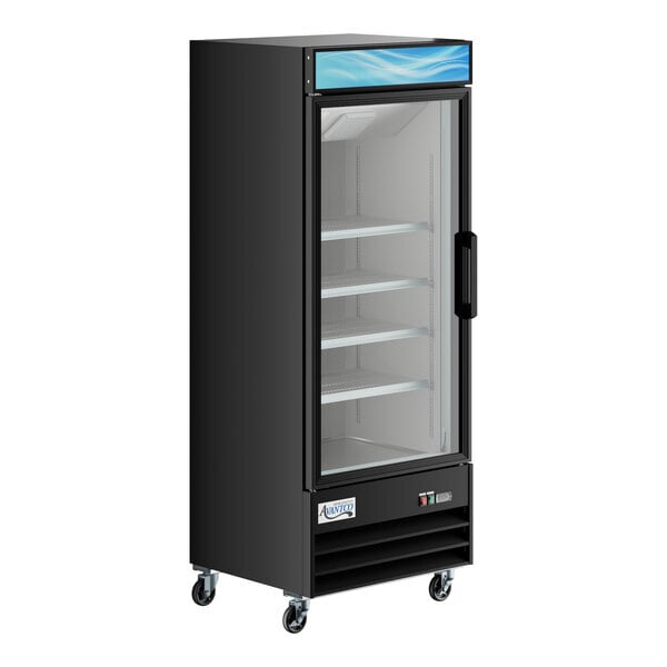 Scratch and Dent Avantco GDC-23-HC 28 3/8" Black Customizable Left-Hinged Swing Glass Door Merchandiser Refrigerator with LED Lighting