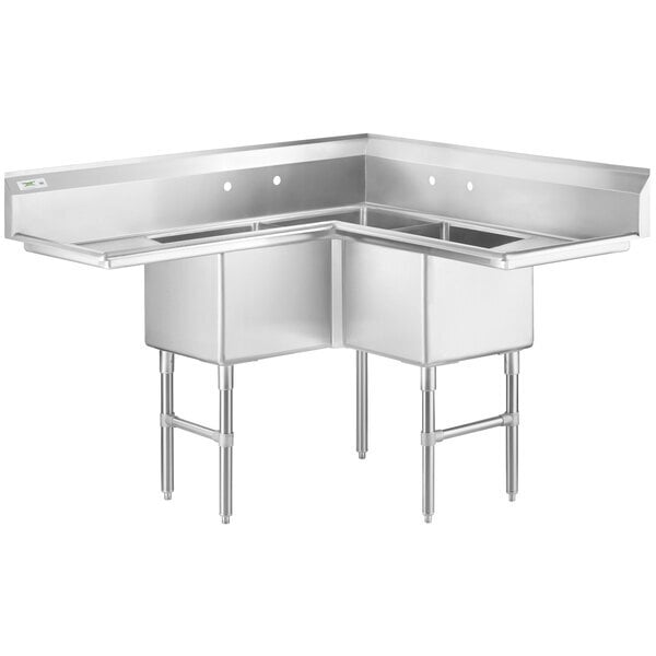 Scratch and Dent Regency 57" 16 Gauge Stainless Steel Three-Compartment Commercial Corner Sink with 2 Drainboards - 18" x 18" x 14" Bowls