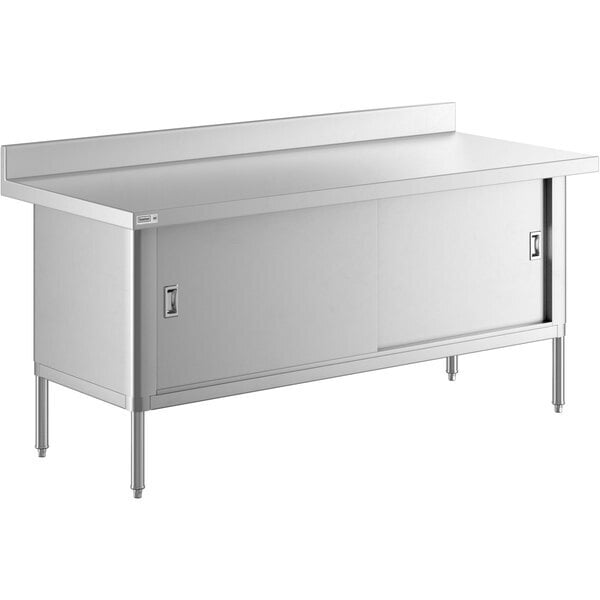 Scratch and Dent Steelton 30" x 72" 16 Gauge Type 430 Stainless Steel Enclosed Base Sliding Door Table with 4" Backsplash