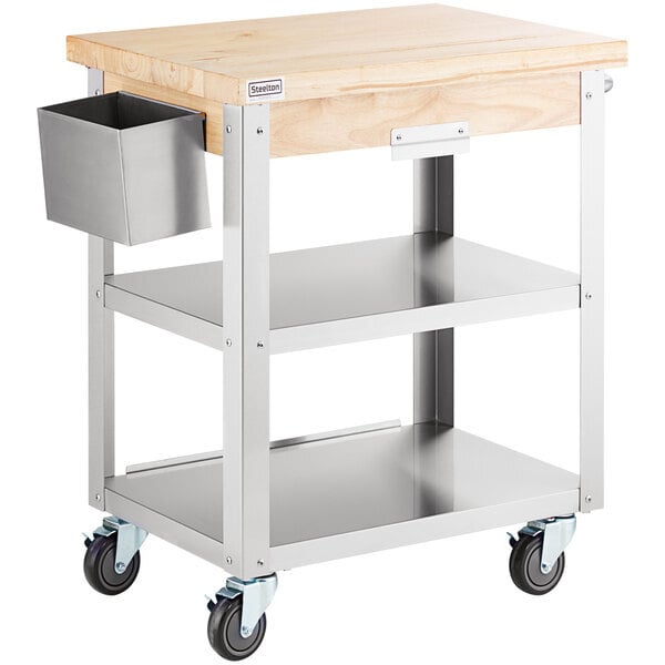 Scratch and Dent Steelton Wood Top Work Cart with Stainless Steel Base and Undershelves - 32" x 20" x 35"