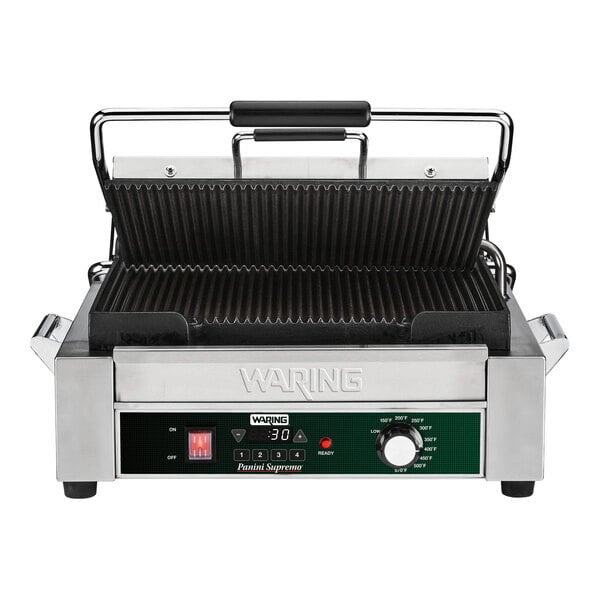 Scratch and Dent Waring WPG250TX Panini Supremo Grooved Top & Bottom Panini Sandwich Grill with Timer - 14 1/2" x 11" Cooking Surface - 120V, 1,800W