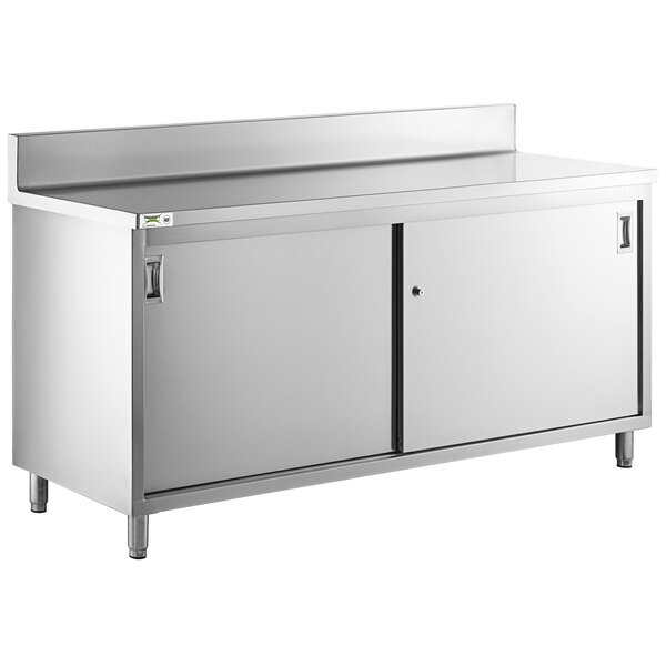 Scratch and Dent Regency 24" x 72" 16 Gauge Type 304 Stainless Steel Enclosed Base Sliding Door Table with Adjustable Midshelf and 6" Backsplash