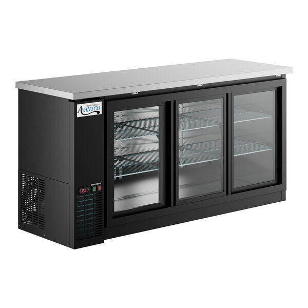 Scratch and Dent Avantco UBB-72S-HC 73" Black Counter Height Narrow Sliding Glass Door Back Bar Refrigerator with LED Lighting