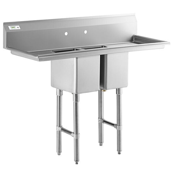 Scratch and Dent Regency 54" 16-Gauge Stainless Steel Two Compartment Commercial Sink with Stainless Steel Legs, Cross Bracing, and 2 Drainboards - 10" x 14" x 12" Bowls