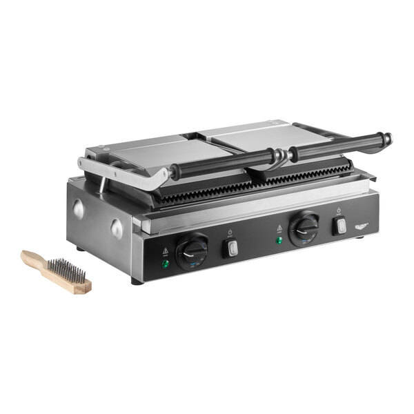 Scratch and Dent Vollrath PSG4-DG208240 Double Cast Iron Panini Grill with Grooved Plates - 19" x 9" Cooking Surface - 208/240V, 2700/3600W