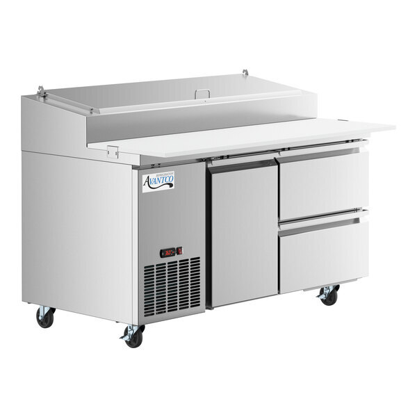 Scratch and Dent Avantco SSPPT-260B 60" 1 Door Refrigerated Pizza Prep Table with 2 Drawers