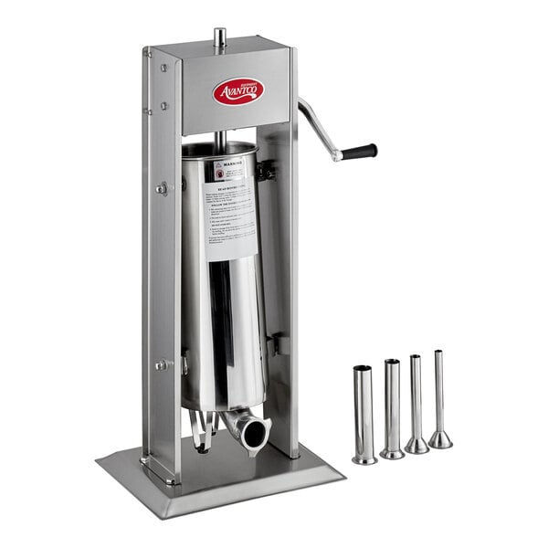 Scratch and Dent Avantco SS-30V 30 lb. Stainless Steel Vertical Manual Sausage Stuffer with 5/8", 7/8", 1 1/4", and 1 1/2" Stainless Steel Funnels