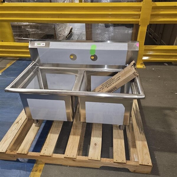 Scratch and Dent Regency 41" 16-Gauge Stainless Steel Two Compartment Commercial Sink with Galvanized Steel Legs and without Drainboards - 17" x 17" x 12" Bowls