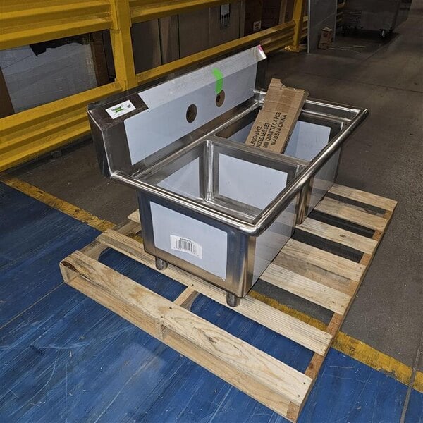 Scratch and Dent Regency 41" 16-Gauge Stainless Steel Two Compartment Commercial Sink with Galvanized Steel Legs and without Drainboards - 17" x 17" x 12" Bowls