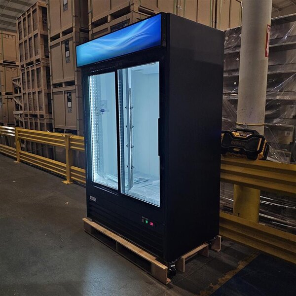 Scratch and Dent Avantco GDS-47-HC 53" Black Customizable Sliding Glass Door Merchandiser Refrigerator with LED Lighting