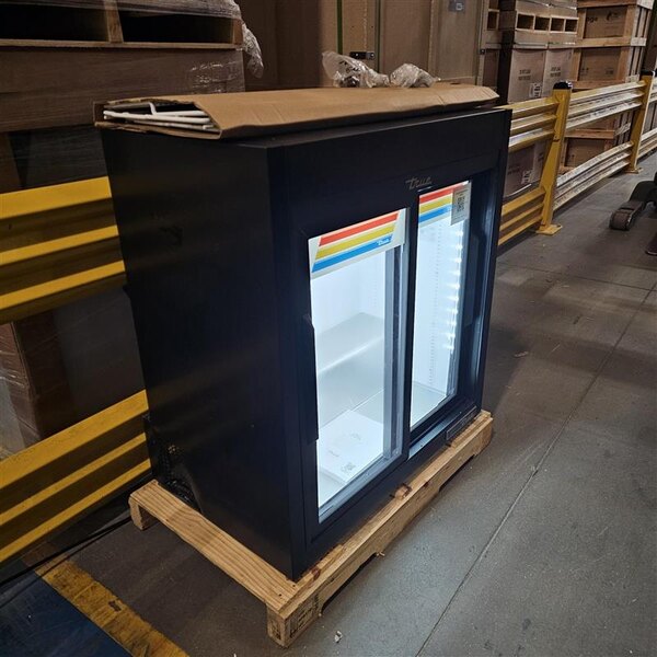 Scratch and Dent True GDM-09-SQ-HC-LD 36" Black Refrigerated Sliding Glass Door Countertop Merchandiser with LED Lighting