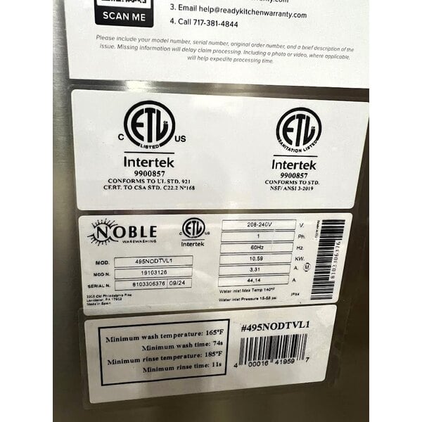 Scratch and Dent Noble Warewashing DTVL1 Select Ventless High Temperature Door Type Dishwasher - 208-240V, 1 Phase