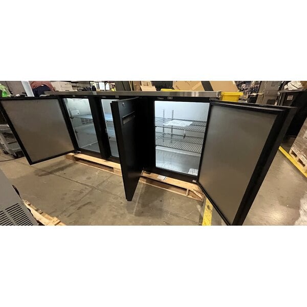 Scratch and Dent Avantco UBB-4-HC 90" Black Counter Height Solid Door Back Bar Refrigerator with LED Lighting