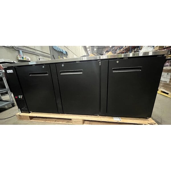 Scratch and Dent Avantco UBB-4-HC 90" Black Counter Height Solid Door Back Bar Refrigerator with LED Lighting