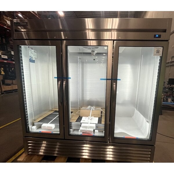 Scratch and Dent True T-72G-HC~FGD01 78 1/8" 3 Section Glass Door Reach-In Refrigerator