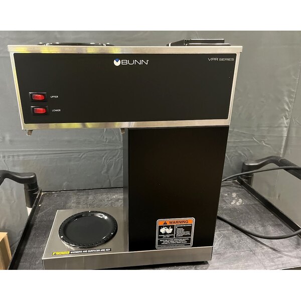 Scratch and Dent Bunn 33200.0015 VPR Black 12 Cup Pourover Coffee Brewer with 1 Upper and 1 Lower Warmer and 2 Glass Decanters - 120V