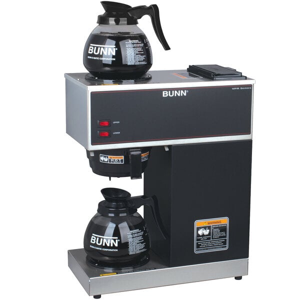 Scratch and Dent Bunn 33200.0015 VPR Black 12 Cup Pourover Coffee Brewer with 1 Upper and 1 Lower Warmer and 2 Glass Decanters - 120V