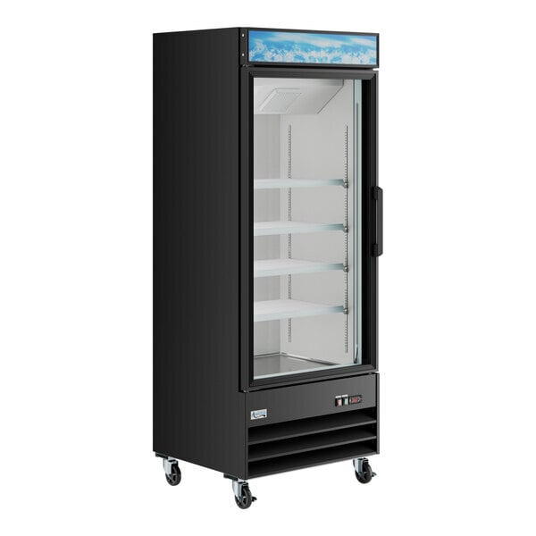 Scratch and Dent Avantco GDC-23-HC 28 3/8" Black Customizable Left-Hinged Swing Glass Door Merchandiser Refrigerator with LED Lighting