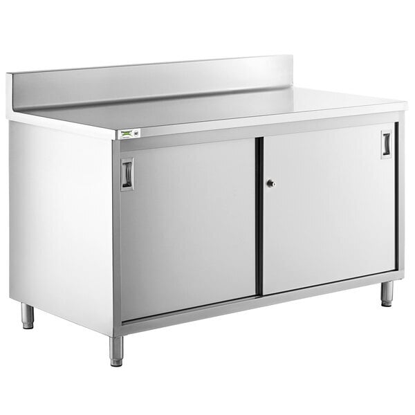 Scratch and Dent Regency 30" x 60" 16 Gauge Type 304 Stainless Steel Enclosed Base Sliding Door Table with Adjustable Midshelf and 6" Backsplash