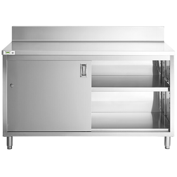 Scratch and Dent Regency 30" x 60" 16 Gauge Type 304 Stainless Steel Enclosed Base Sliding Door Table with Adjustable Midshelf and 6" Backsplash