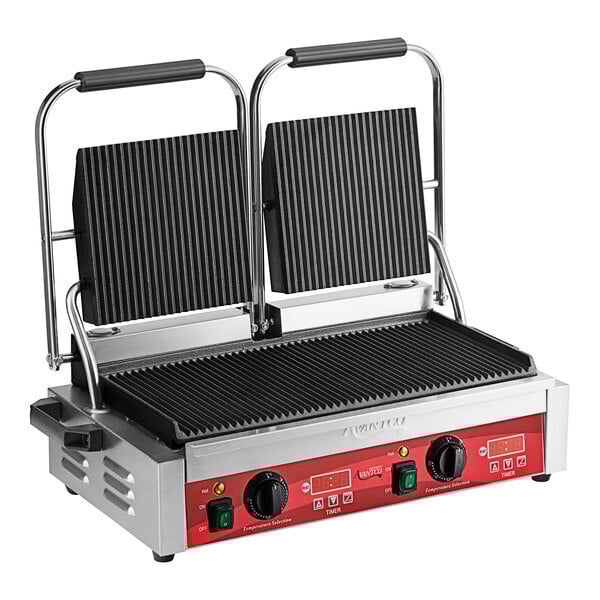 Scratch and Dent Avantco PG400T Commercial Dual Panini Sandwich Grill with Timer, Grooved Plates, and 19 5/8" x 9 1/8" Cooking Surface - 120V, 3500W