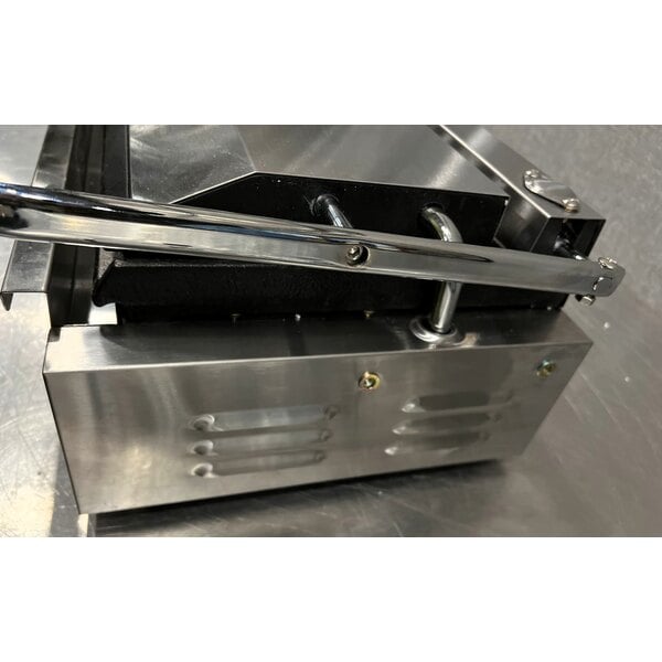 Scratch and Dent Avantco PG400T Commercial Dual Panini Sandwich Grill with Timer, Grooved Plates, and 19 5/8" x 9 1/8" Cooking Surface - 120V, 3500W