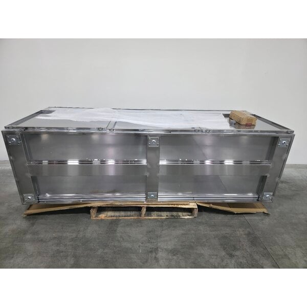 Scratch and Dent Regency 30" x 96" 16 Gauge Type 304 Stainless Steel Enclosed Base Sliding Door Table with Adjustable Midshelf and 6" Backsplash