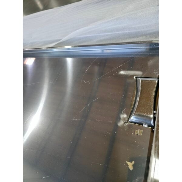 Scratch and Dent Regency 30" x 96" 16 Gauge Type 304 Stainless Steel Enclosed Base Sliding Door Table with Adjustable Midshelf and 6" Backsplash