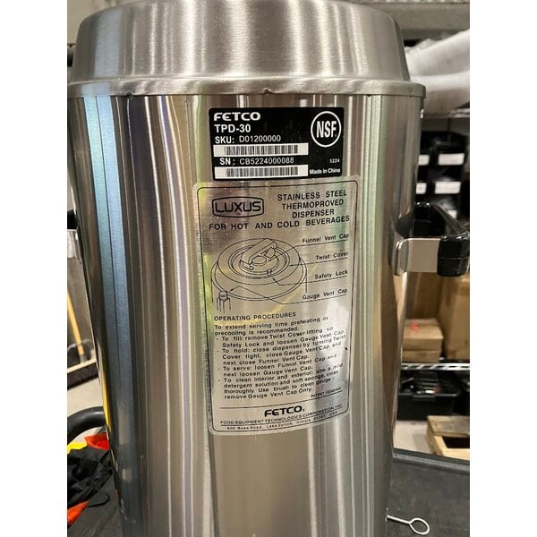 Scratch and Dent Fetco TPD-30 Luxus Stainless Steel 3 Gallon Coffee Dispenser