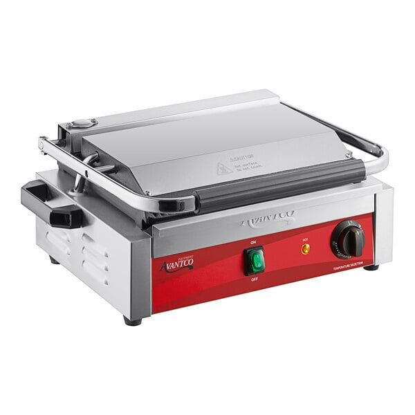 Scratch and Dent Avantco PG200 Commercial Panini Sandwich Grill with Grooved Plates and 13 3/8" x 8 3/4" Cooking Surface - 120V, 1750W