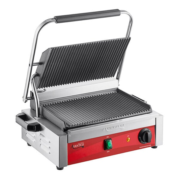 Scratch and Dent Avantco PG200 Commercial Panini Sandwich Grill with Grooved Plates and 13 3/8" x 8 3/4" Cooking Surface - 120V, 1750W
