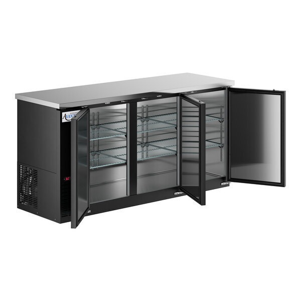 Scratch and Dent Avantco UBB-72-HC 73" Black Counter Height Narrow Solid Door Back Bar Refrigerator with LED Lighting