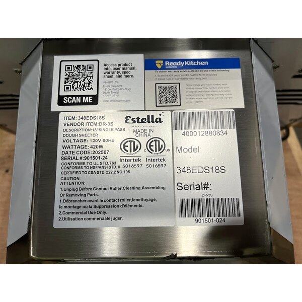 Scratch and Dent Estella EDS18S 18" Countertop One Stage Dough Sheeter - 120V, 1/2 HP