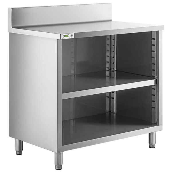 Scratch and Dent Regency 24" x 36" 16 Gauge Type 304 Stainless Steel Enclosed Base Open Front Table with Adjustable Midshelf and 6" Backsplash
