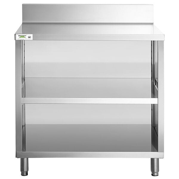 Scratch and Dent Regency 24" x 36" 16 Gauge Type 304 Stainless Steel Enclosed Base Open Front Table with Adjustable Midshelf and 6" Backsplash