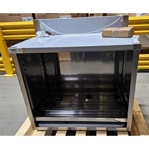 Scratch and Dent Regency 24" x 36" 16 Gauge Type 304 Stainless Steel Enclosed Base Open Front Table with Adjustable Midshelf and 6" Backsplash