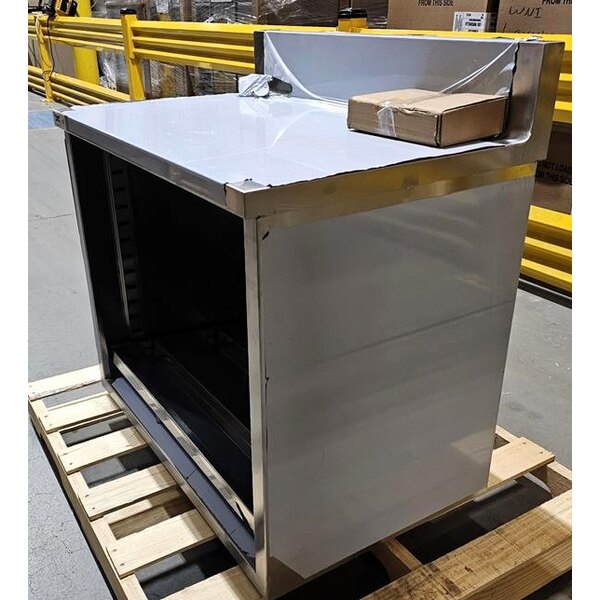 Scratch and Dent Regency 24" x 36" 16 Gauge Type 304 Stainless Steel Enclosed Base Open Front Table with Adjustable Midshelf and 6" Backsplash
