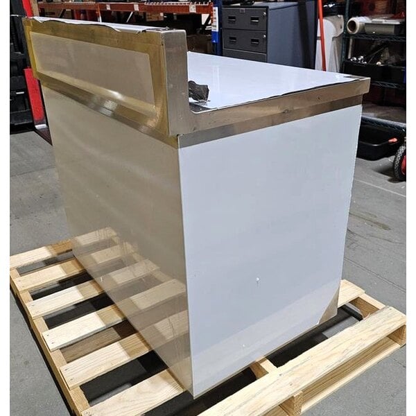 Scratch and Dent Regency 24" x 36" 16 Gauge Type 304 Stainless Steel Enclosed Base Open Front Table with Adjustable Midshelf and 6" Backsplash