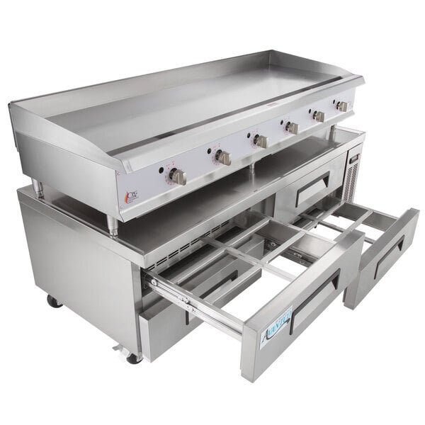 Scratch and Dent Cooking Performance Group 72GTRBNL 72" Gas Countertop Griddle with Thermostatic Controls and 72", 4 Drawer Refrigerated Chef Base - 180,000 BTU