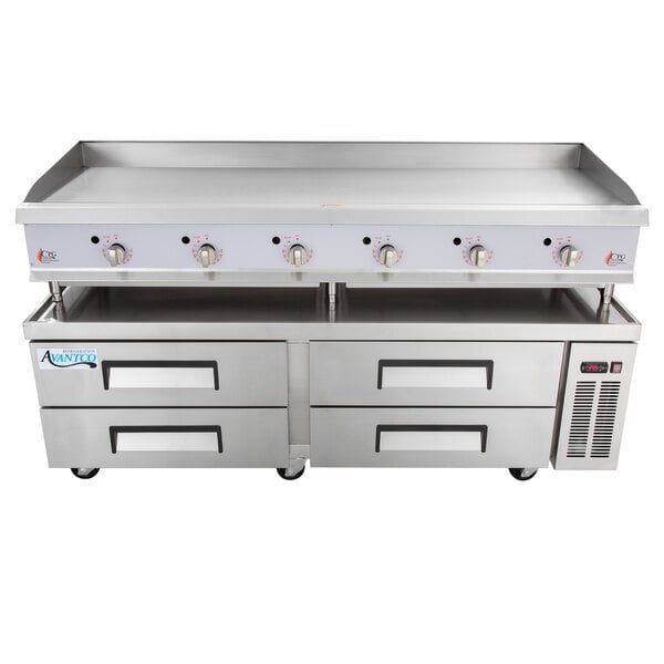 Scratch and Dent Cooking Performance Group 72GTRBNL 72" Gas Countertop Griddle with Thermostatic Controls and 72", 4 Drawer Refrigerated Chef Base - 180,000 BTU