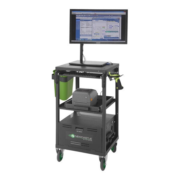 Scratch and Dent Newcastle Systems EC350 EcoCart 20" x 21 3/4" x 43" Black Compact Powered Mobile Work Station with Power Strip, Cord Holder, and Waste Basket - 40 Ah