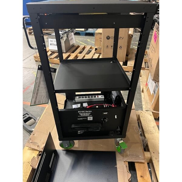 Scratch and Dent Newcastle Systems EC350 EcoCart 20" x 21 3/4" x 43" Black Compact Powered Mobile Work Station with Power Strip, Cord Holder, and Waste Basket - 40 Ah
