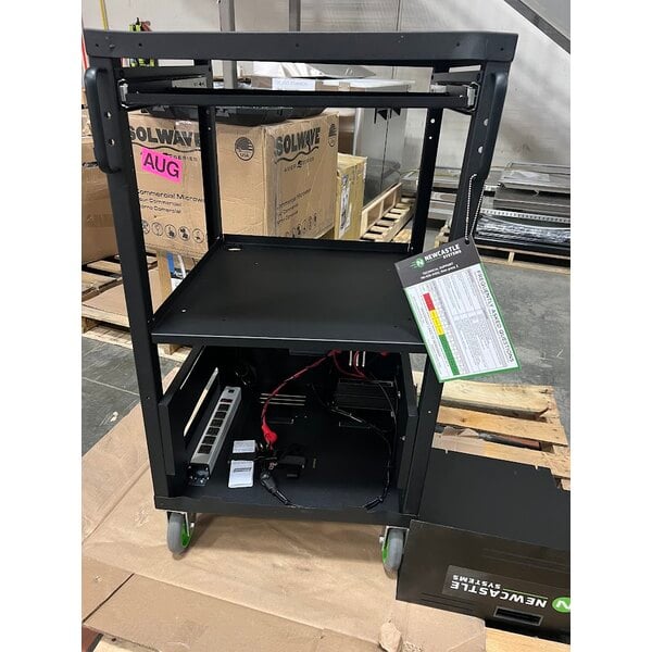 Scratch and Dent Newcastle Systems EC350 EcoCart 20" x 21 3/4" x 43" Black Compact Powered Mobile Work Station with Power Strip, Cord Holder, and Waste Basket - 40 Ah