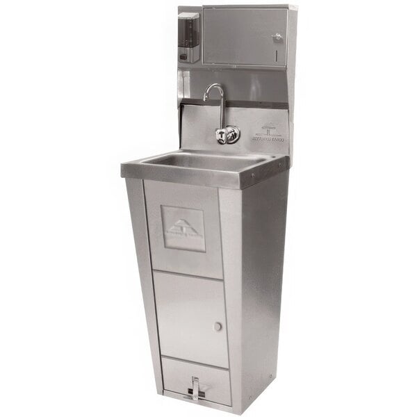 Scratch and Dent Advance Tabco 7-PS-99 Hands Free Hand Sink with Pedestal Base, Soap and Towel Dispenser, and Trash Bin